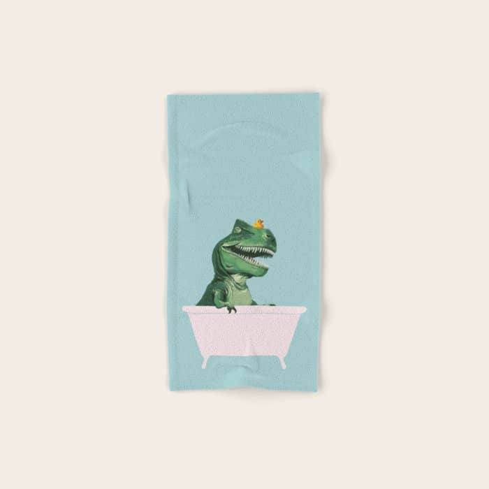 Playful T-Rex In Bathtub In Green Bath Towel