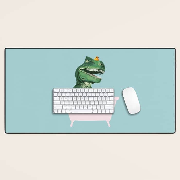 Playful T-Rex In Bathtub In Green Desk Mat
