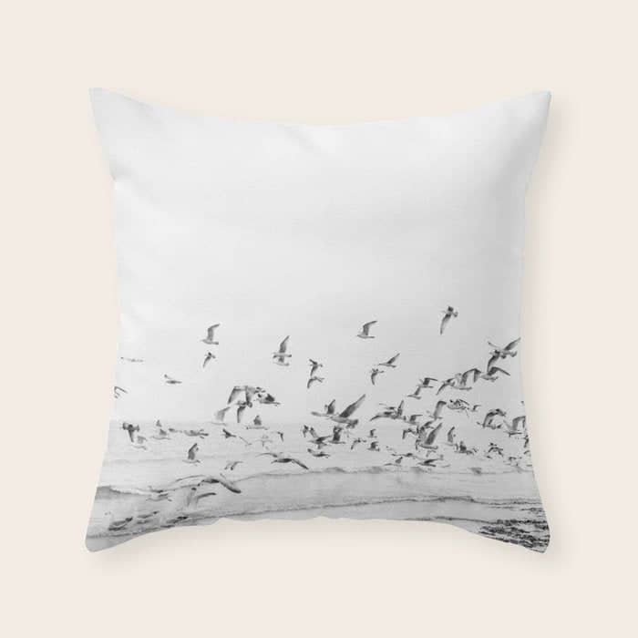 "Seagulls" | Coastal Black And White Photo | Film Photography | Beach Throw Pillow