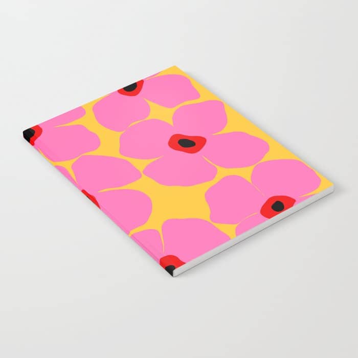 Abstract Pink Flowers With Yellow Background Notebook