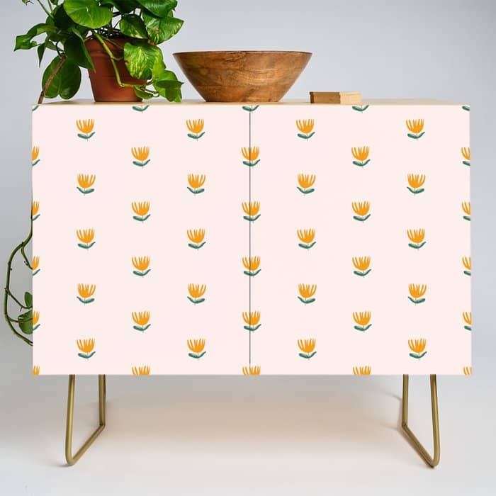 Abstract Yellow Tulip - Pink Background Credenza