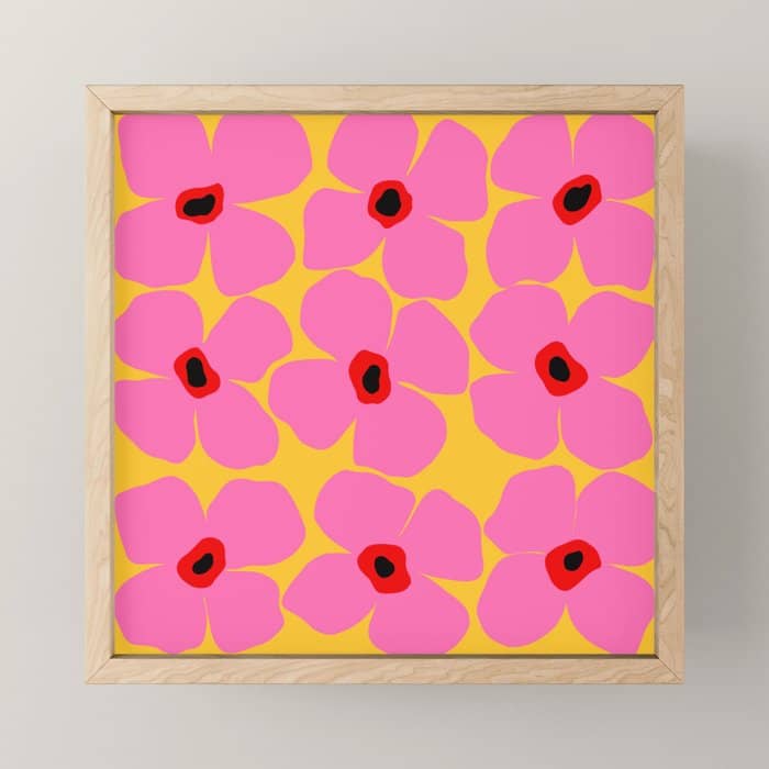 Abstract Pink Flowers With Yellow Background Mini Art Print