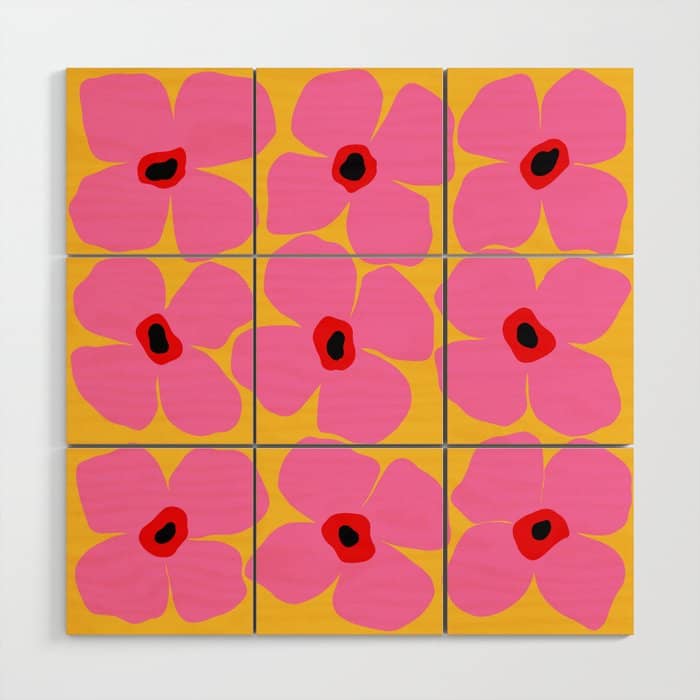 Abstract Pink Flowers With Yellow Background Wood Wall Art