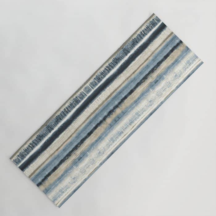 Distressed Blue And White Watercolor Stripe Yoga Mat