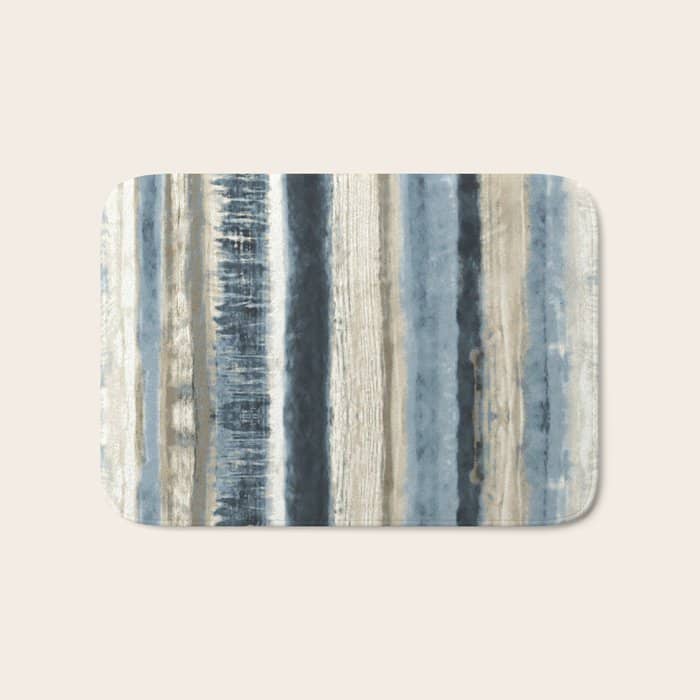 Distressed Blue And White Watercolor Stripe Bath Mat