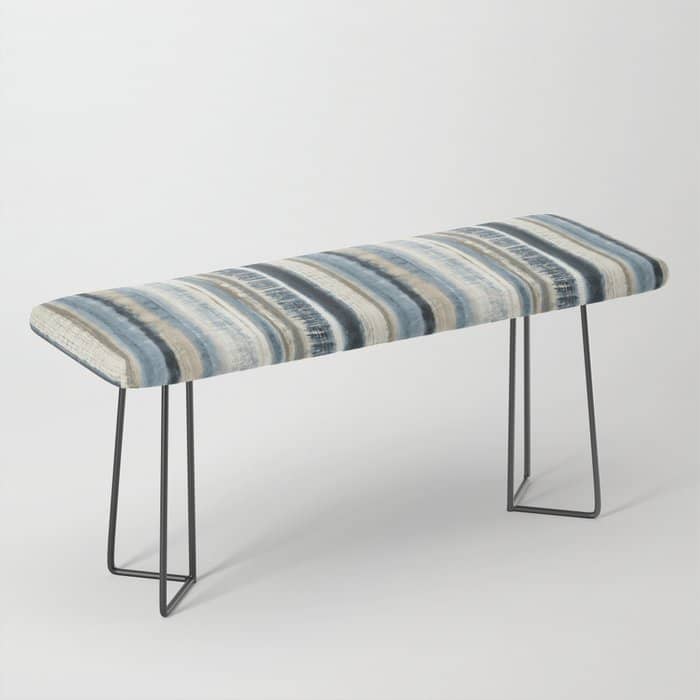 Distressed Blue And White Watercolor Stripe Bench