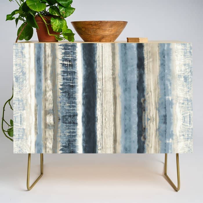 Distressed Blue And White Watercolor Stripe Credenza