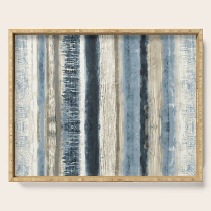 Distressed Blue And White Watercolor Stripe Serving Tray