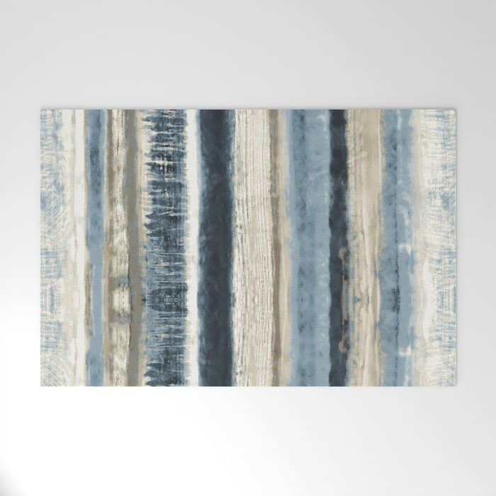 Distressed Blue And White Watercolor Stripe Welcome Mat