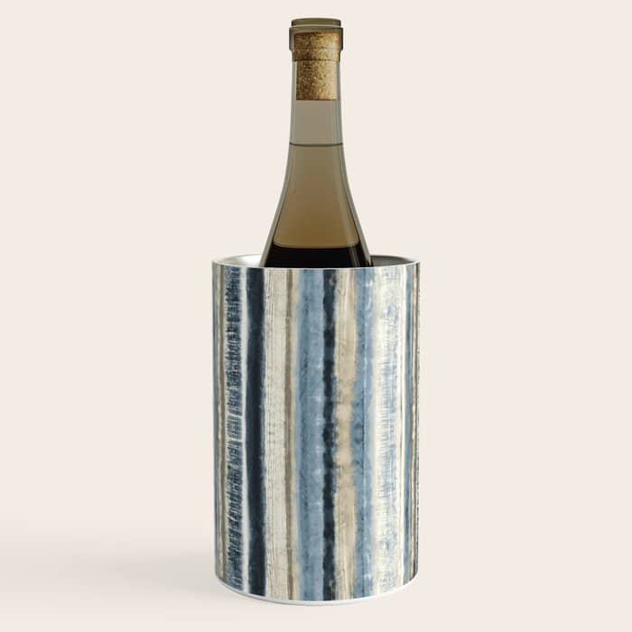 Distressed Blue And White Watercolor Stripe Wine Chiller