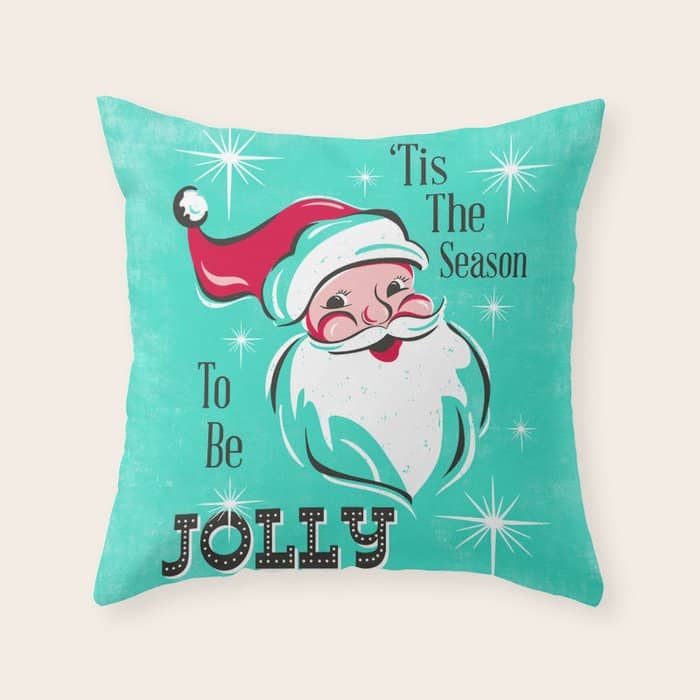 'Tis The Season - Retro Santa Aqua Colorful Throw Pillow