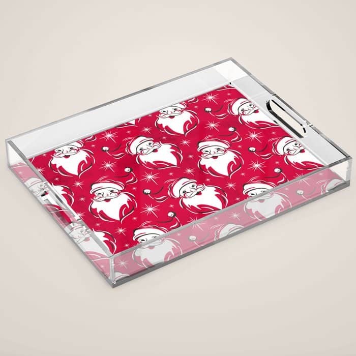 'Tis The Season Retro Santa Red White Pattern Acrylic Tray