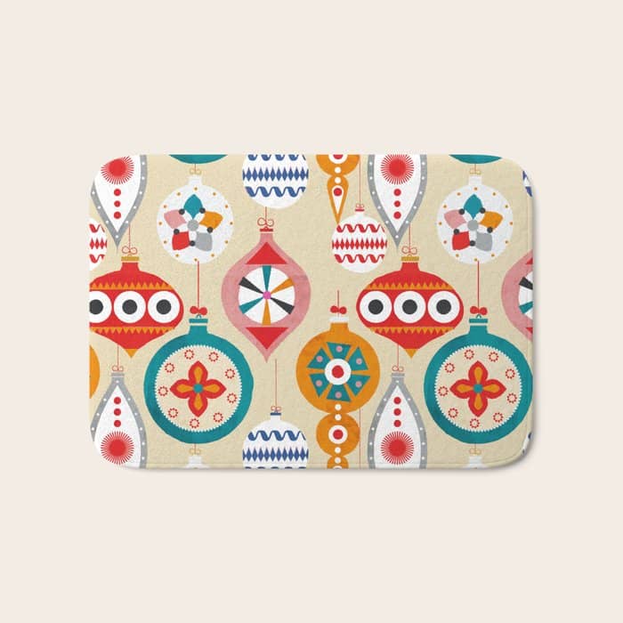Retro Christmas Ornaments Pattern Bath Mat