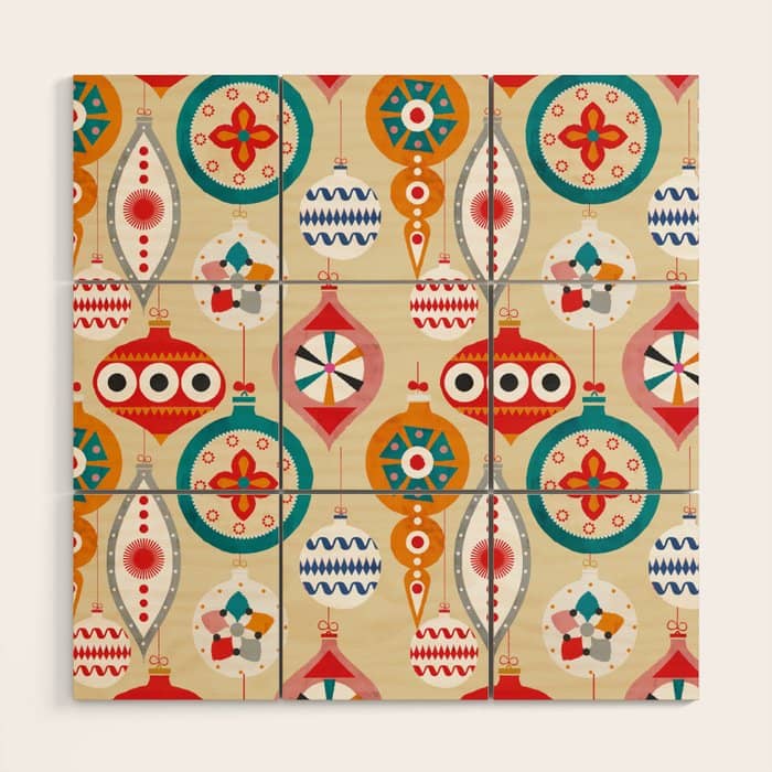 Retro Christmas Ornaments Pattern Wood Wall Art