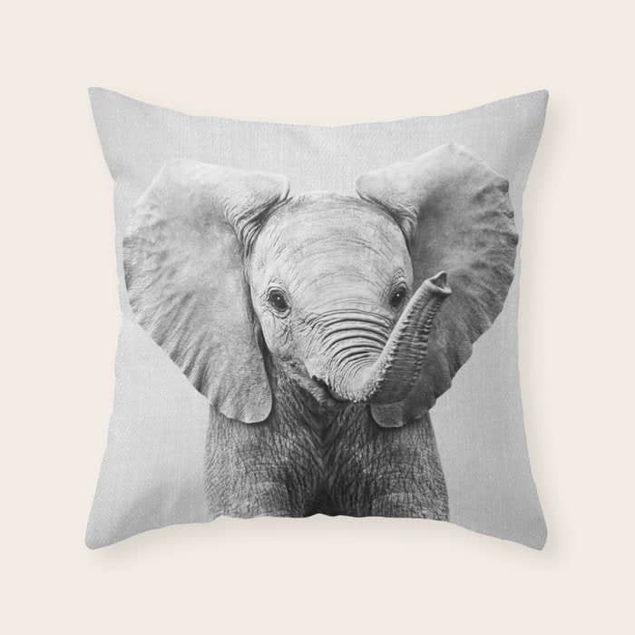 Baby Elephant - Black & White Throw Pillow