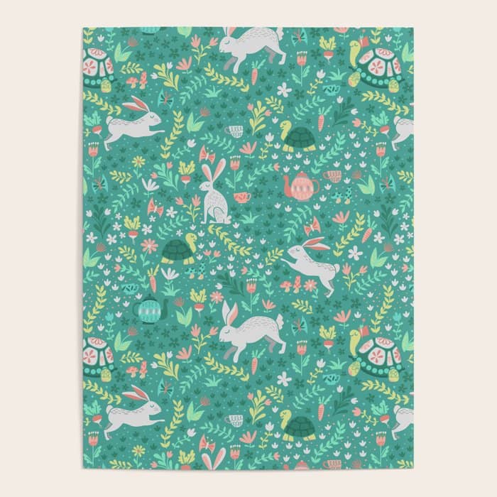 Spring Pattern Of Bunnies With Turtles Poster