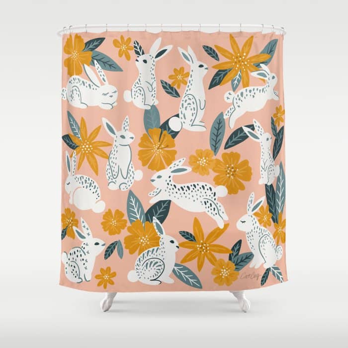 Bunnies & Blooms - Teal & Blush Shower Curtain