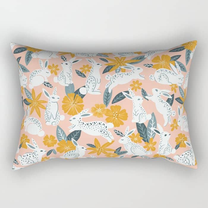 Bunnies & Blooms - Teal & Blush Rectangular Pillow