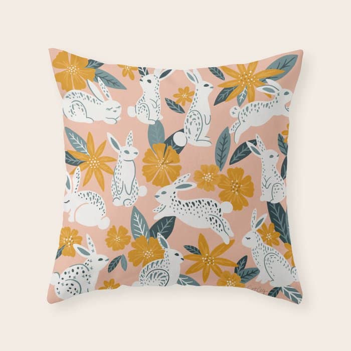 Bunnies & Blooms - Teal & Blush Throw Pillow