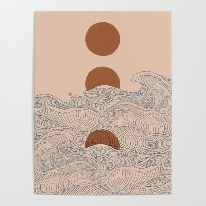 Vintage Abstract Landscape The Great Wave Ocean Sunset Moon Poster