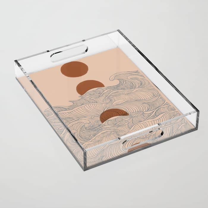 Vintage Abstract Landscape The Great Wave Ocean Sunset Moon Acrylic Tray