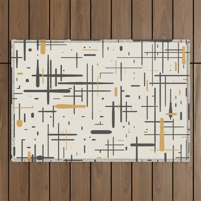Mid-Century Modern Kinetikos Pattern In Charcoal Gray, Muted Mustard Gold, And Cream Outdoor Rug