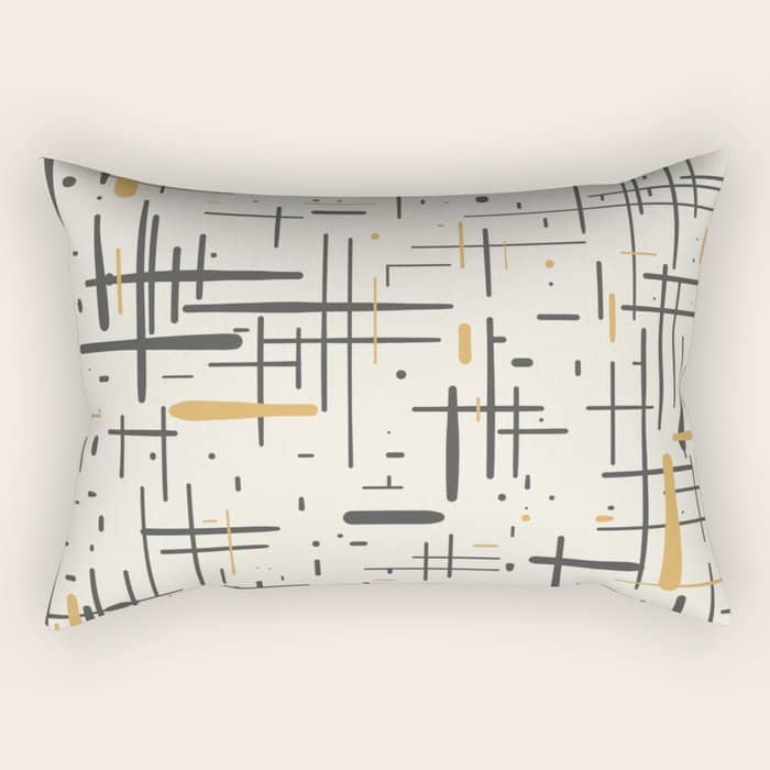 Mid-Century Modern Kinetikos Pattern In Charcoal Gray, Muted Mustard Gold, And Cream Rectangular Pillow