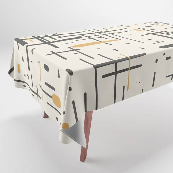 Mid-Century Modern Kinetikos Pattern In Charcoal Gray, Muted Mustard Gold, And Cream Tablecloth