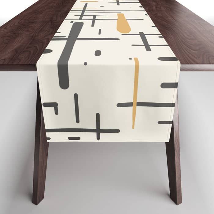 Mid-Century Modern Kinetikos Pattern In Charcoal Gray, Muted Mustard Gold, And Cream Table Runner