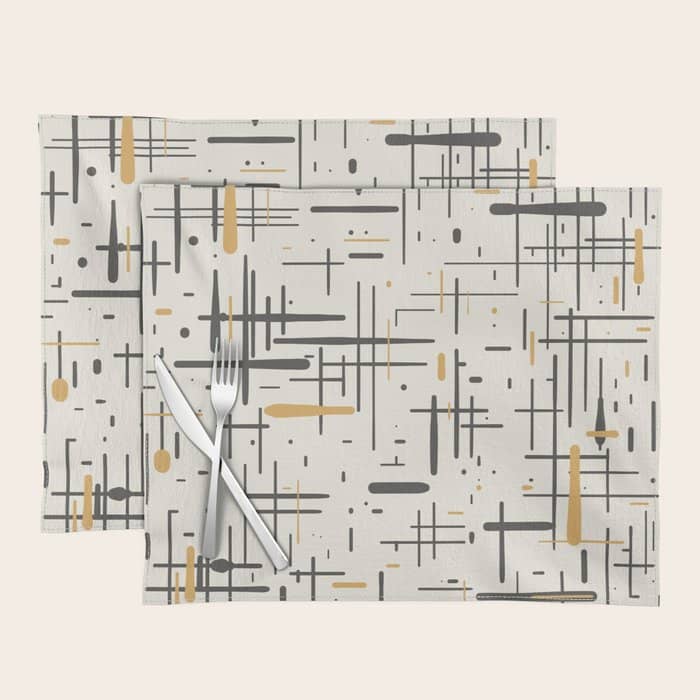 Mid-Century Modern Kinetikos Pattern In Charcoal Gray, Muted Mustard Gold, And Cream Placemat