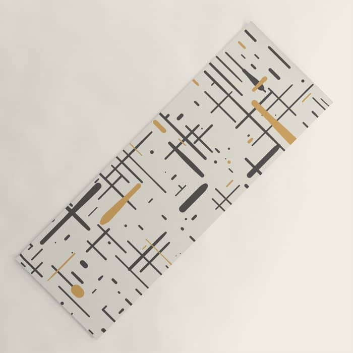 Mid-Century Modern Kinetikos Pattern In Charcoal Gray, Muted Mustard Gold, And Cream Yoga Mat