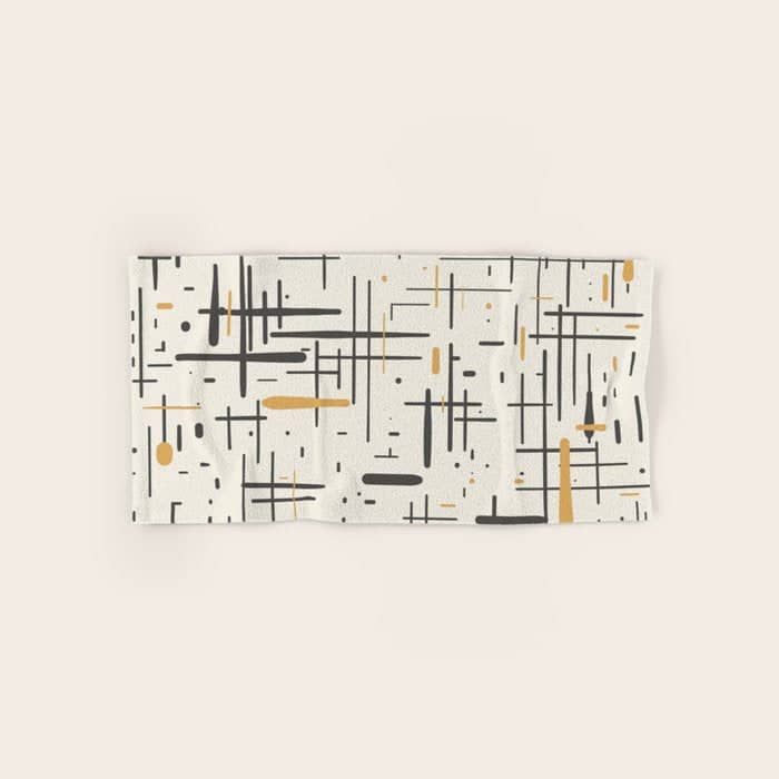 Mid-Century Modern Kinetikos Pattern In Charcoal Gray, Muted Mustard Gold, And Cream Bath Towel