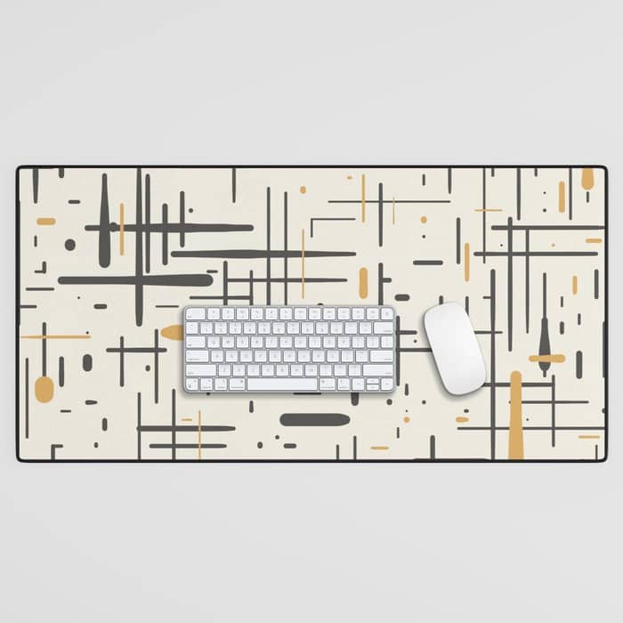 Mid-Century Modern Kinetikos Pattern In Charcoal Gray, Muted Mustard Gold, And Cream Desk Mat