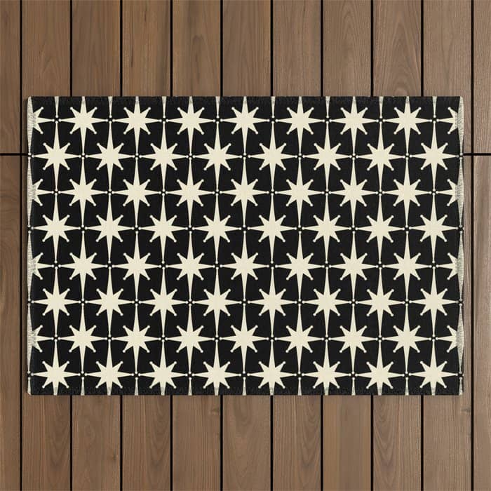 Midcentury Modern Atomic Age Starburst Pattern In Retro Cream And Black Outdoor Rug