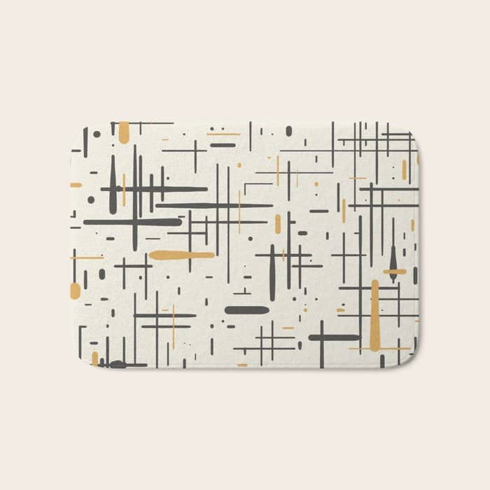 Mid-Century Modern Kinetikos Pattern In Charcoal Gray, Muted Mustard Gold, And Cream Bath Mat