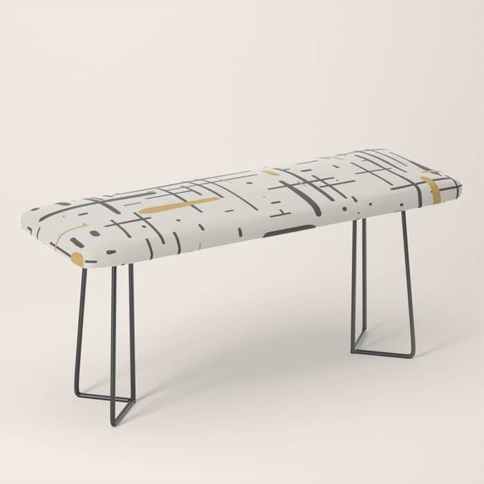Mid-Century Modern Kinetikos Pattern In Charcoal Gray, Muted Mustard Gold, And Cream Bench