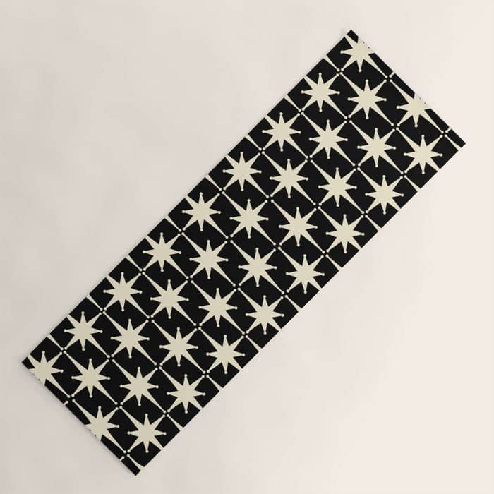 Midcentury Modern Atomic Age Starburst Pattern In Retro Cream And Black Yoga Mat