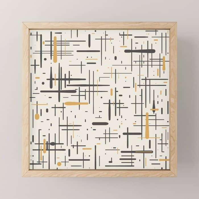 Mid-Century Modern Kinetikos Pattern In Charcoal Gray, Muted Mustard Gold, And Cream Mini Art Print