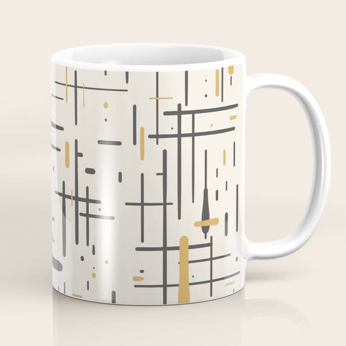 Mid-Century Modern Kinetikos Pattern In Charcoal Gray, Muted Mustard Gold, And Cream Coffee Mug