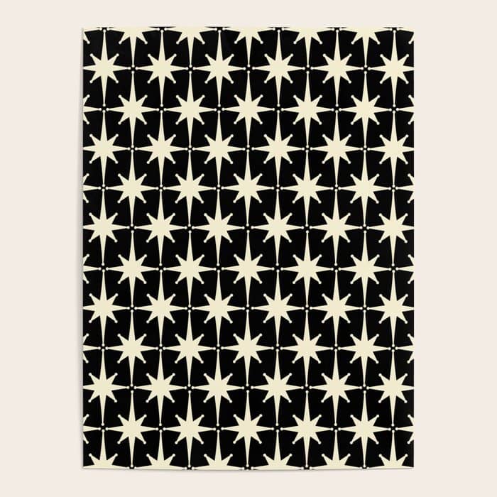 Midcentury Modern Atomic Age Starburst Pattern In Retro Cream And Black Poster
