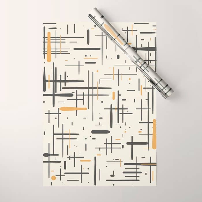 Mid-Century Modern Kinetikos Pattern In Charcoal Gray, Muted Mustard Gold, And Cream Wrapping Paper