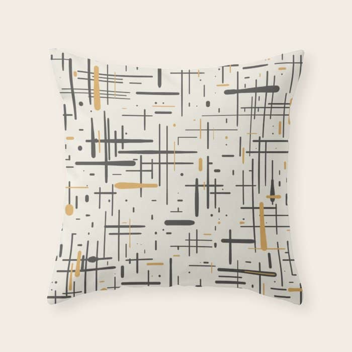 Mid-Century Modern Kinetikos Pattern In Charcoal Gray, Muted Mustard Gold, And Cream Throw Pillow