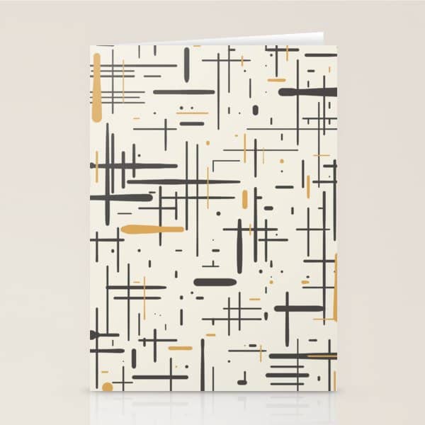 Mid-Century Modern Kinetikos Pattern In Charcoal Gray, Muted Mustard Gold, And Cream Stationery Card