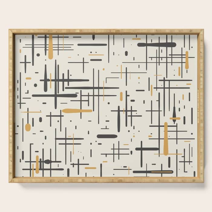 Mid-Century Modern Kinetikos Pattern In Charcoal Gray, Muted Mustard Gold, And Cream Serving Tray