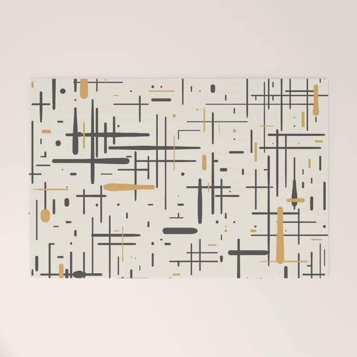 Mid-Century Modern Kinetikos Pattern In Charcoal Gray, Muted Mustard Gold, And Cream Welcome Mat