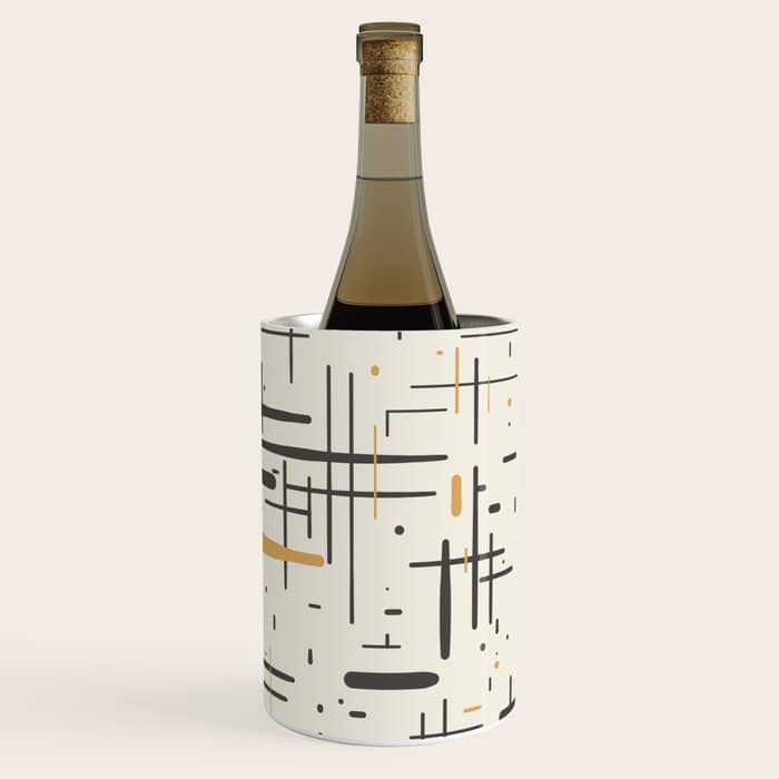Mid-Century Modern Kinetikos Pattern In Charcoal Gray, Muted Mustard Gold, And Cream Wine Chiller