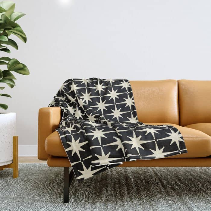 Midcentury Modern Atomic Age Starburst Pattern In Retro Cream And Black Throw Blanket
