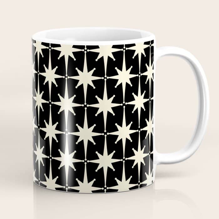 Midcentury Modern Atomic Age Starburst Pattern In Retro Cream And Black Coffee Mug