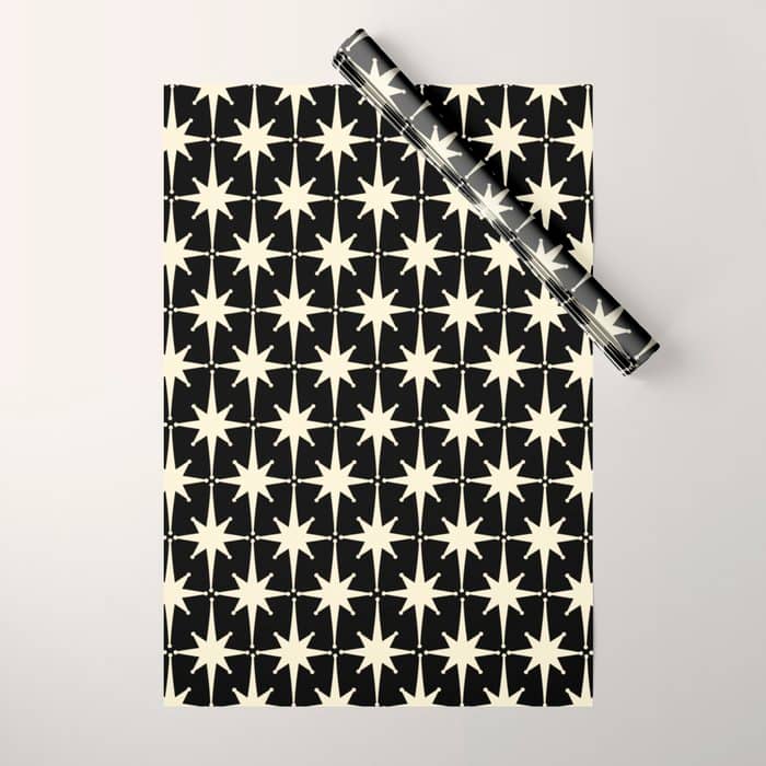 Midcentury Modern Atomic Age Starburst Pattern In Retro Cream And Black Wrapping Paper