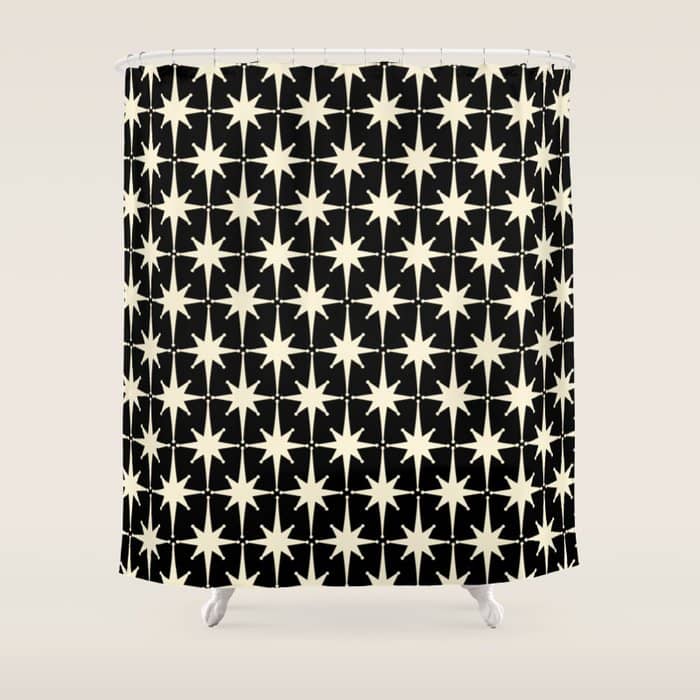 Midcentury Modern Atomic Age Starburst Pattern In Retro Cream And Black Shower Curtain